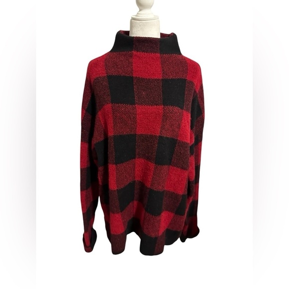 Tahari Women’s Buffalo Red Black Checkered Wool Blend Mock Neck Sweater size XL - Picture 4 of 9
